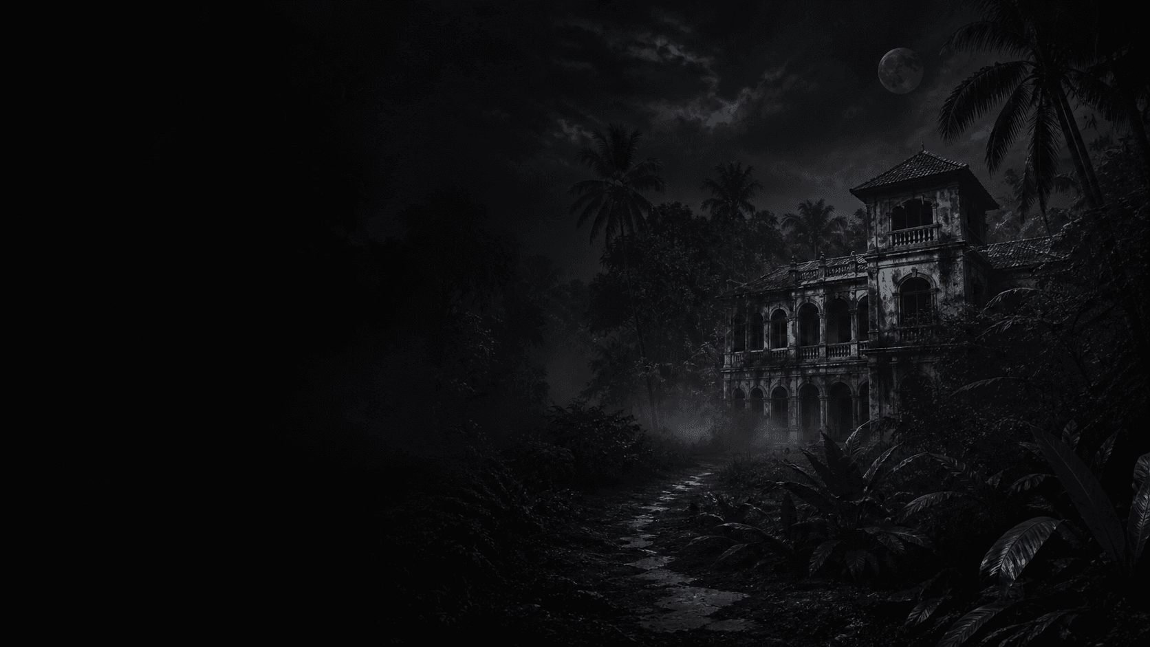 Moonlit manor deep in a misty tropical forest
